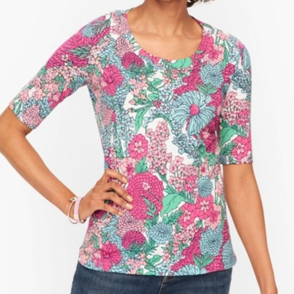 Talbots Cotton Scop Neck  Tee Breezy Floral Spring Summer Short Sleeve XS